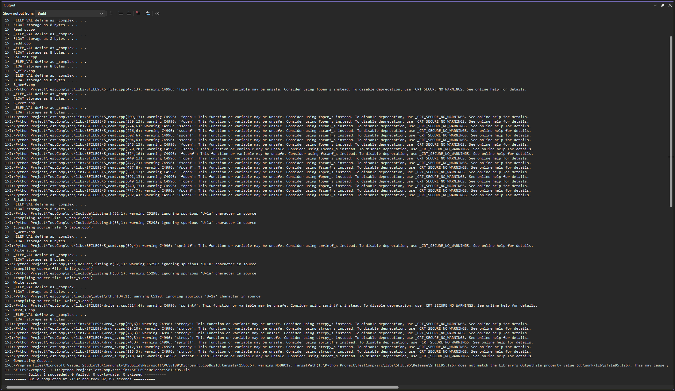 Окно Output: «Build: 1 succeeded, 0 failed»
